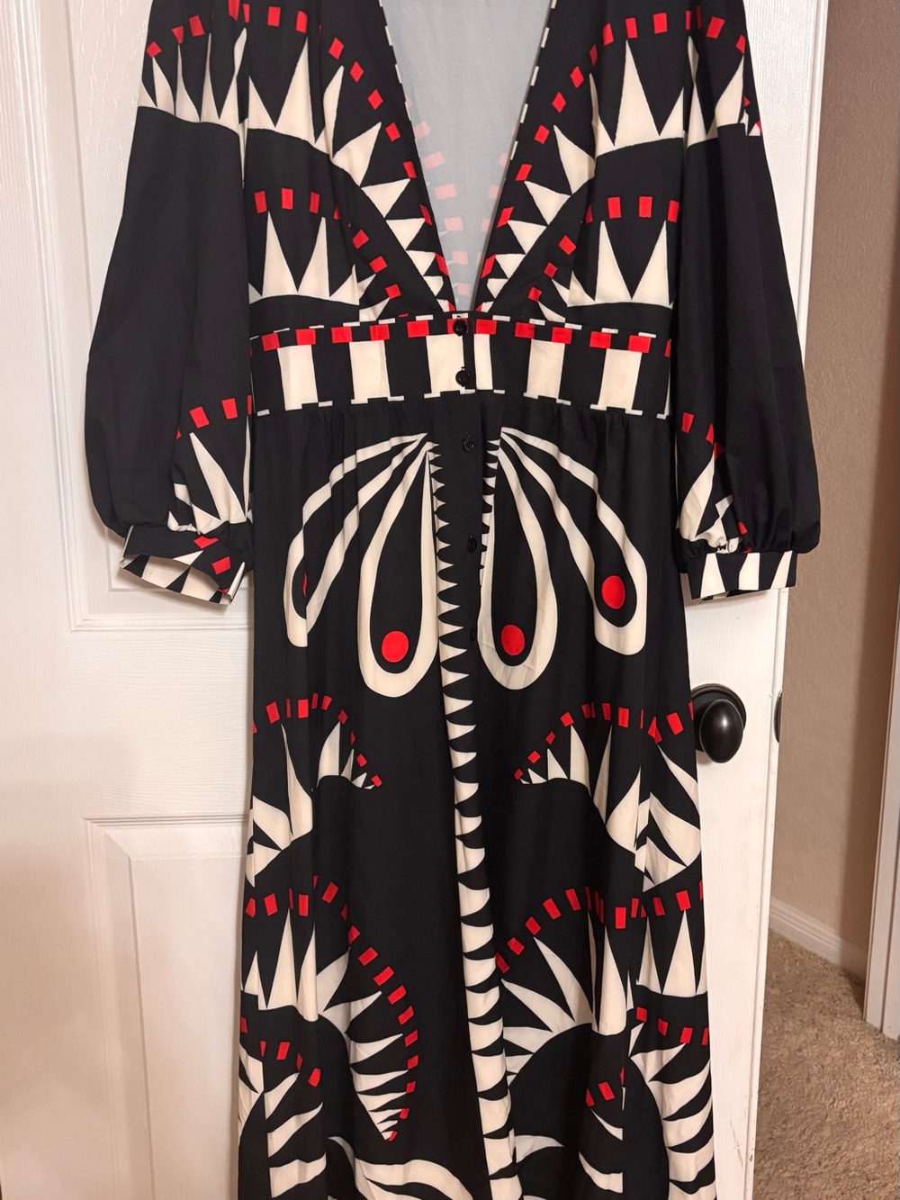 Commense Black Maxi Dress with Cream Geometric Print and Red Accents